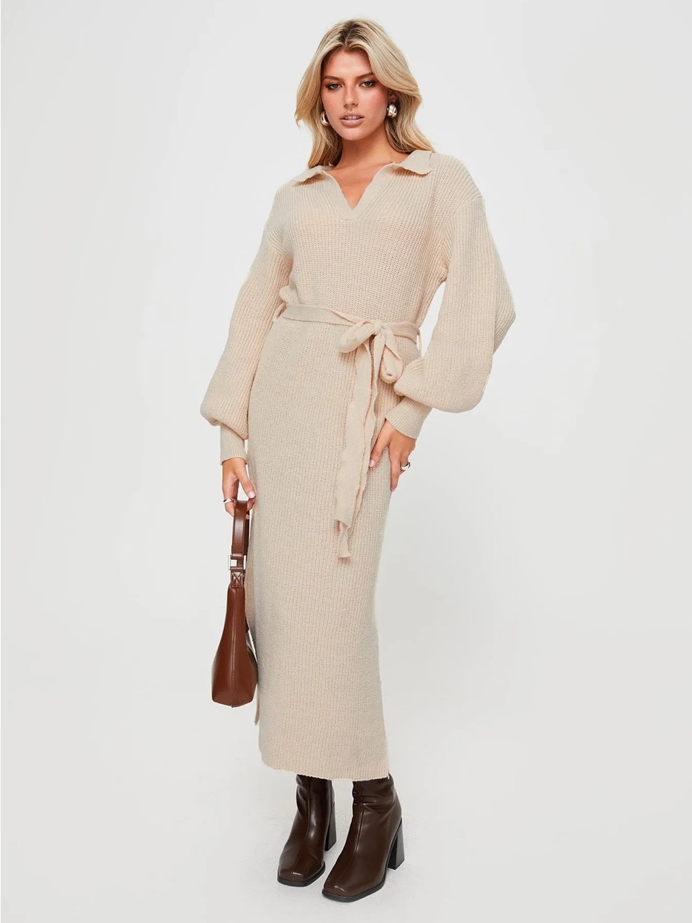 Princess Polly Cream Ribbed Knit Belted Maxi Dress